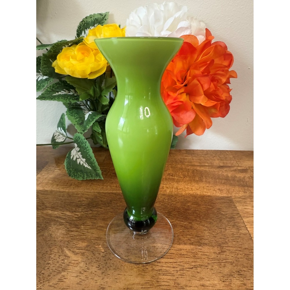 Vintage Green Cased Glass Pedestal Vase MCM Ombre Retro Home‎ Decor
